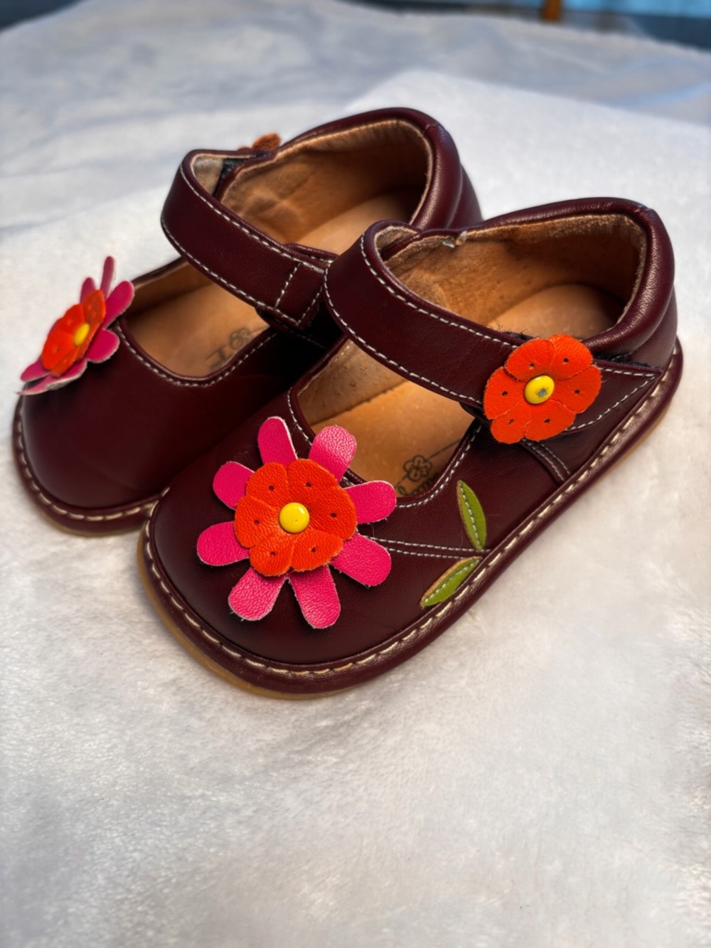 Toddler Mary Jane Shoes with Pink & Orange Flower Accents